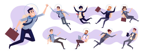 业务宇航员。空间探索字符飞行商务人士精确矢量字符集图片下载