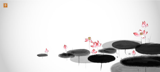 粉红色的荷花在池塘里，白色的背景。传统的东方水墨画sumi-e, u-sin, go-hua。象形文字的翻译-花图片下载