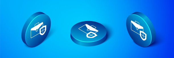 等距公文包与盾牌图标隔离在蓝色背景。保险的概念。安全、安全、保护、保护的理念。蓝色圆圈按钮。向量图片下载