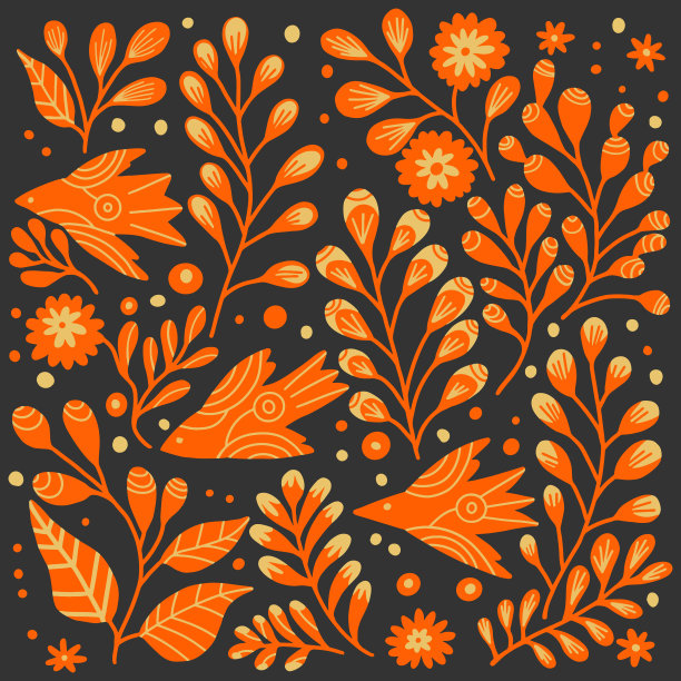 图案与抽象的鸟类和植物在橙色。图片下载