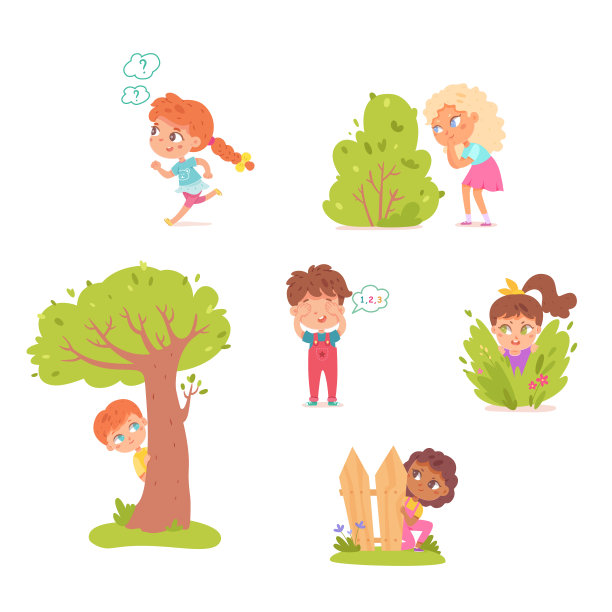 孩子们玩躲猫猫外面设置矢量插图。卡通中孤立的小男孩隐藏着孩子们的收藏，女孩和男孩们从后院的篱笆、绿色的灌木和树木后面窥视，展望着未来图片下载