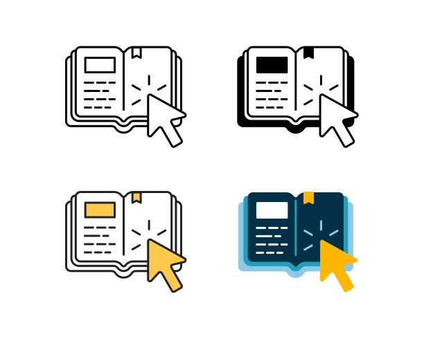 在线图书馆图标矢量设计4种风格的线条，字形，双色和平面。图片下载