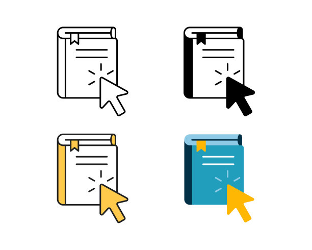 在线图书馆图标矢量设计4种风格的线条，字形，双色和平面。图片下载