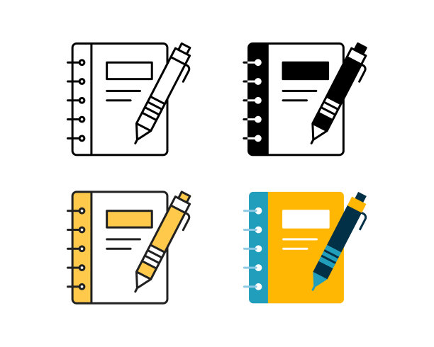 书笔记图标矢量设计在4种风格的线，字形，双色，和平面。图片下载