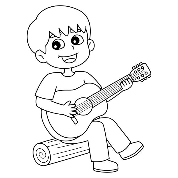 男孩弹吉他孤立着色页的孩子图片下载