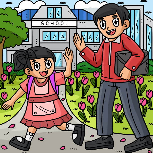 返校学生和家长彩色卡通图片下载