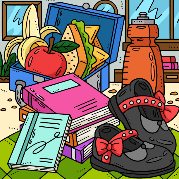 返校午餐盒和书籍彩色卡通图片下载