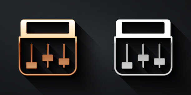 金和银鼓机音乐制作人设备图标孤立的黑色背景。长影式。向量图片下载