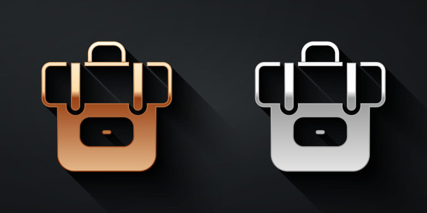 金和银徒步背包图标孤立的黑色背景。露营和登山探险双肩包。长影式。向量图片下载