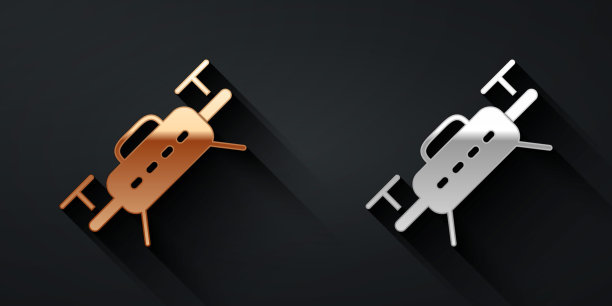 金色和银色无人机飞行图标孤立的黑色背景。带有视频和照相机符号的四轴飞行器。长影式。向量图片下载