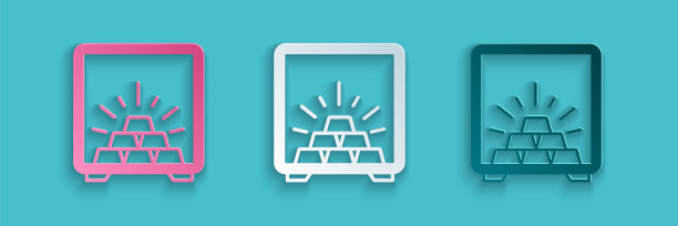 剪纸安全与金条图标隔离在蓝色背景。贵重金属存放在银行。金属财政部。可靠的数据保护。纸艺风格。向量图片下载