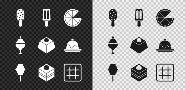 将冰淇淋，自制派，棉花糖，布朗尼巧克力蛋糕，华夫饼，放入碗和图标中。向量图片下载