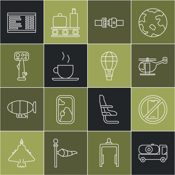 设线油罐车，没有手机，直升机，安全带，咖啡杯，飞机舵机，机场板和热气球图标。向量图片下载