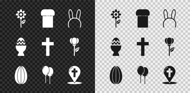 集花，复活节蛋糕，面具与长兔子耳朵，鸡蛋，气球丝带，地图指针基督教十字架，站和基督教图标。向量图片下载