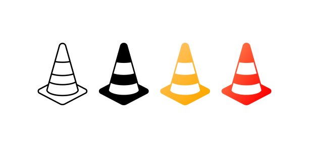 锥形交通路标。不同的风格，颜色，集图标与交通锥，特殊设备，限制旅行。矢量图标。图片下载