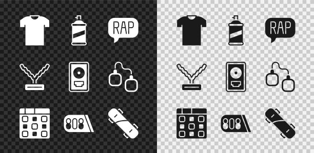 集t恤，喷漆罐，说唱音乐，鼓机，滑板，说唱歌手链和CD磁盘奖励框架图标。向量图片下载