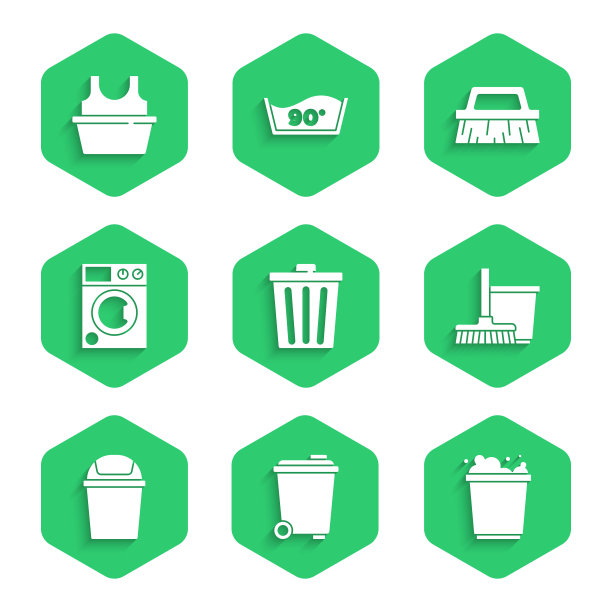 设置垃圾桶，桶与泡沫，拖把和桶，洗衣机，刷清洁和盆衬衫图标。向量图片下载
