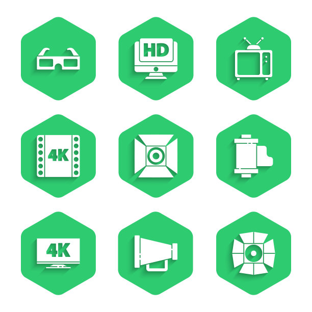 集电影聚光灯，扩音器，相机老式胶卷卷盒式，屏幕电视与4k，电影，磁带，框架，复古和3D电影眼镜图标。向量图片下载