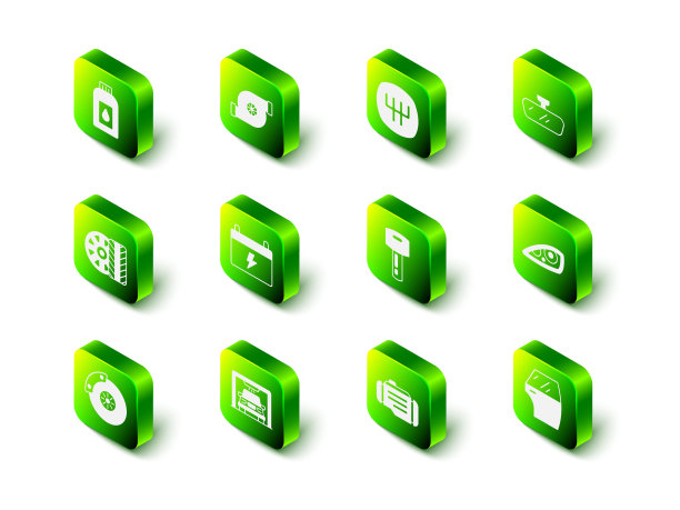 设置汽车涡轮增压器，换档器，汽车后视镜，大灯，门，遥控钥匙，检查发动机和清洗图标。向量图片下载