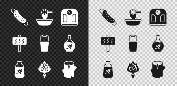 集毛巾，蜂蜜蘸棒与碗，浴室秤，精油瓶，桑拿扫帚，原木，和桶图标。向量图片下载