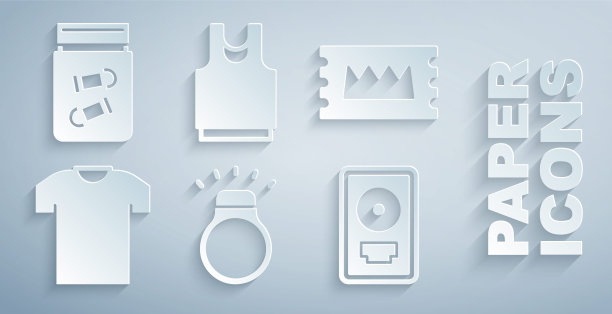 集钻戒，演唱会门票，t恤，CD磁盘奖框架，汗衫和证据袋子弹图标。向量图片下载