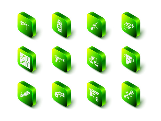 设置胡椒喷雾，汤米枪，小左轮手枪，枪套，狙击光学瞄准具，准直器，购买手枪和图标。向量图片下载