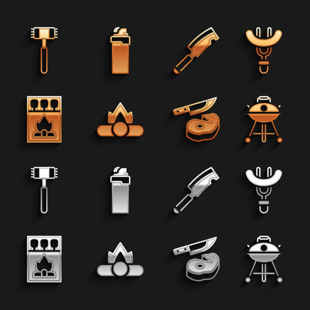 设置篝火，香肠上的叉子，烧烤架，牛排肉和刀，火柴盒火柴，肉斩，厨房锤子和打火机图标。向量图片下载