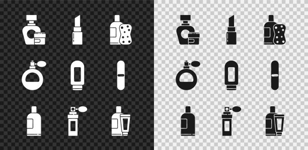 套装面霜或乳液化妆管，口红，一瓶洗发水和海绵，香水，和图标。向量图片下载