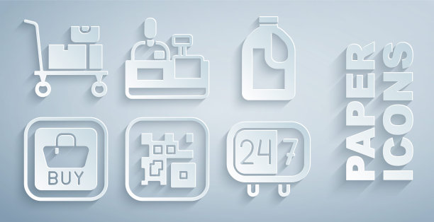 设置二维码，清洗剂瓶，购买按钮，24小时时钟，收银台收银，手推车和箱子图标。向量图片下载