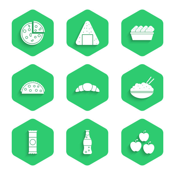 套装牛角面包，瓶装水，苹果，米饭在碗与筷子，巧克力棒，墨西哥玉米饼，鸡块盒和比萨图标。向量图片下载