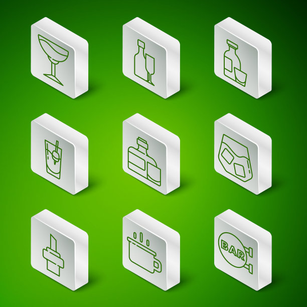 设置线街道招牌与酒吧，咖啡杯，酒杯，威士忌酒瓶和，鸡尾酒血腥玛丽，木软木塞葡萄酒和玻璃威士忌图标。向量图片下载