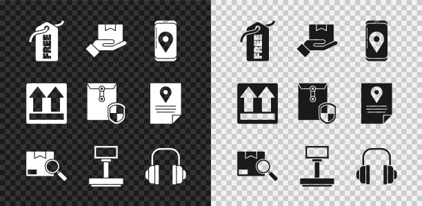 设置价格标签与免费，交付手盒，移动应用程序交付跟踪，搜索包，规模，耳机，这一面向上和信封屏蔽图标。向量图片下载