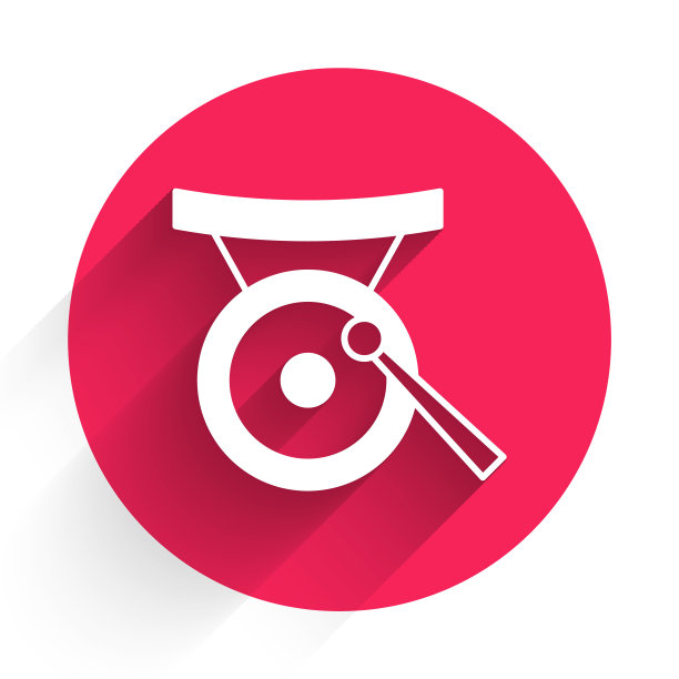 白锣音乐打击乐器圆形金属盘和锤子图标与长阴影背景隔离。红色圆圈按钮。向量图片下载