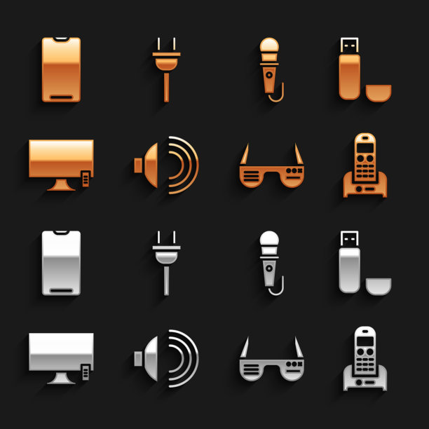设置扬声器音量，USB闪存驱动器，电话，智能眼镜，电视，麦克风，智能手机，手机和电源插头图标。向量图片下载