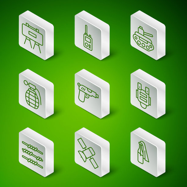 Set line鸡尾酒莫洛托夫，卫星，军用地雷，手枪或枪，手榴弹，对讲机，铁丝网和防弹背心图标。向量图片下载