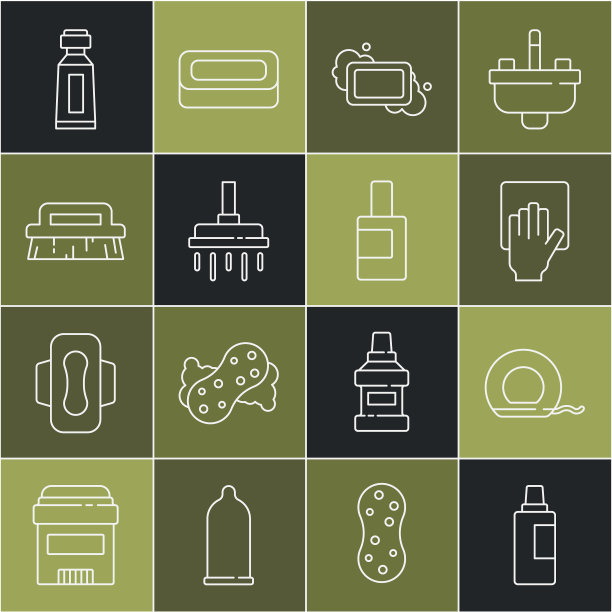 设清洗剂瓶，牙线，清洁服务，肥皂，淋浴头，刷子，牙膏管和图标。向量图片下载