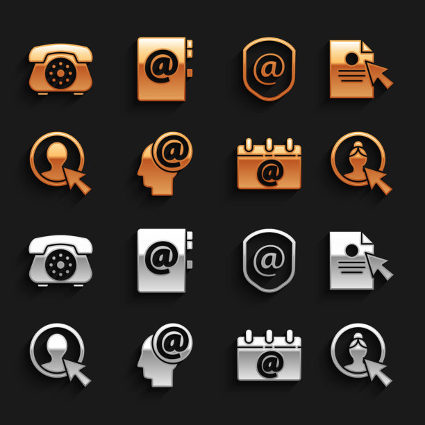 设置邮件和电子邮件，文档光标，创建帐户屏幕，日历与电子邮件，屏蔽，电话和地址簿图标。向量图片下载
