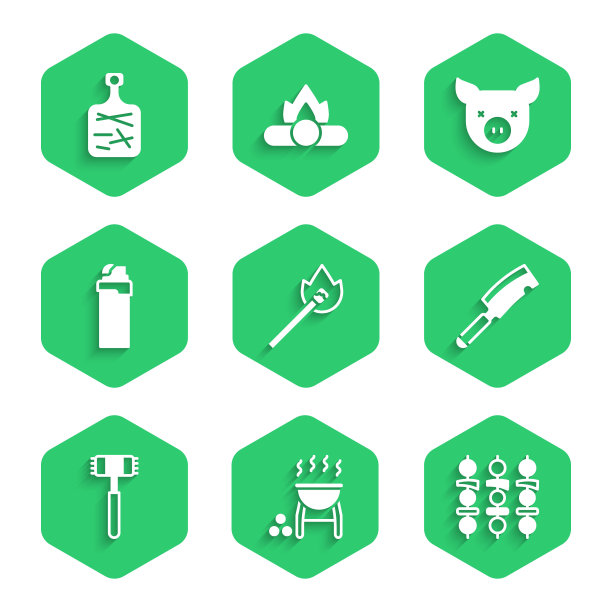 设置燃烧火柴火，烧烤架，烤羊肉串，肉斩，厨房锤子，打火机，猪和砧板图标。向量图片下载