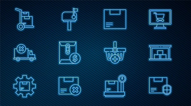 设置线交付安全盾牌，仓库，纸箱纸箱，信封美元符号，货物卡车车辆，手和盒子，添加购物篮和邮件图标。向量图片下载