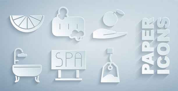 集水疗沙龙招牌，苹果在手，浴缸，茶包，香皂泡沫和柑橘水果图标。向量图片下载