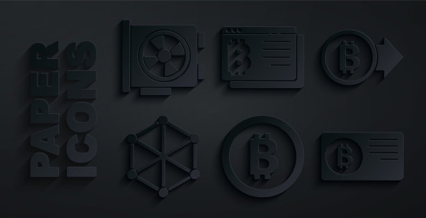 设置比特币，区块链技术，信用卡与比特币，浏览器和视频图形图标。向量图片下载