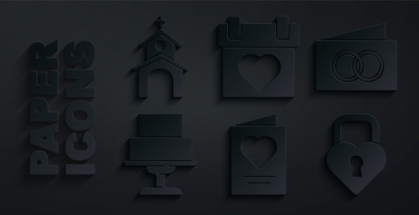 集贺卡，婚礼蛋糕，城堡心形形状，日历和教堂建筑图标。向量图片下载