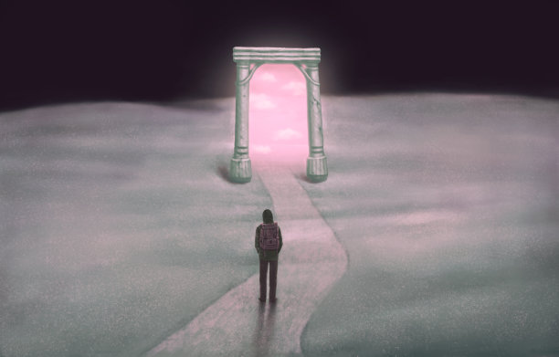 自由生活、梦想成功与希望的概念艺术、抱负理念艺术、超现实主义绘画、幻想门中有天的人、概念插画图片下载