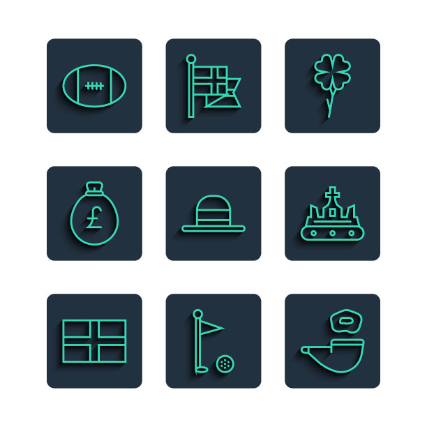 设定线英国国旗，高尔夫旗，吸烟管，四叶三叶草，优雅的妇女帽子，钱袋与英镑，橄榄球和英国皇冠图标。向量图片下载