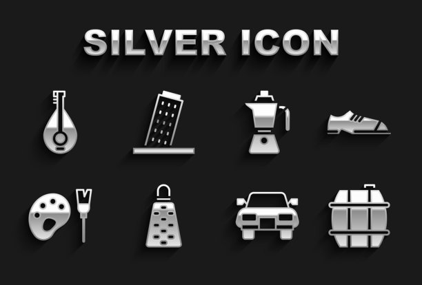 集磨碎器，男人的鞋子，桶酒，汽车，油漆刷调色板，咖啡摩卡壶，曼陀林和比萨塔的图标。向量图片下载