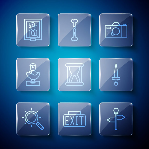 集线放大镜，出口标志，道路交通标志，照相机，旧沙漏与沙子，古代胸像雕塑，肖像博物馆和匕首图标。向量图片下载