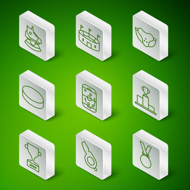 设置线奖章，哨子，冰鞋，规划策略，冰球，体育场，奖杯和超过体育冠军领奖台图标。向量图片下载