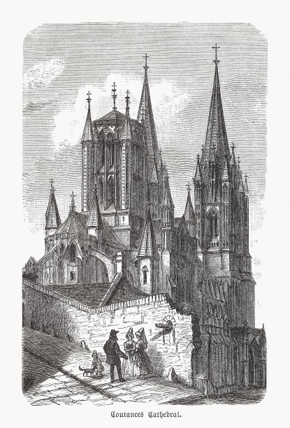 法国诺曼底康茨大教堂，木刻，1893年出版图片下载
