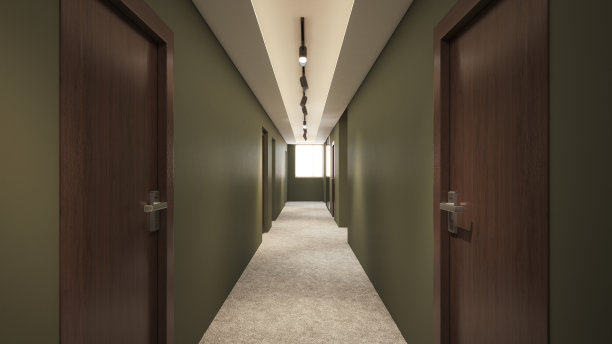 室内设计。电脑生成的办公室图像。走廊。建筑可视化。3D渲染。库存图片图片下载