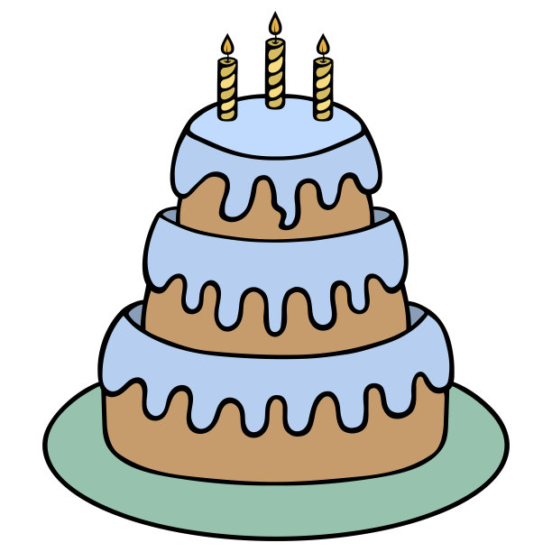 用黄色蜡烛装饰的生日蛋糕。绿色拼盘上的三层甜点。卡通风格。图片下载